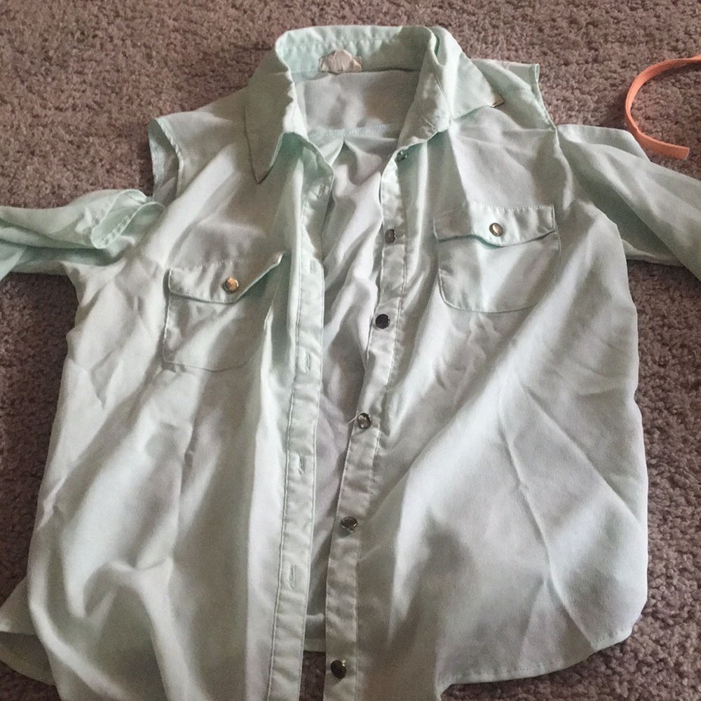 Mint green cut out button up